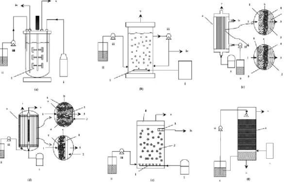Figure 3. Schematic representation of various bioreactors for the conversion of  syngas/CO-rich waste gas into ethanol