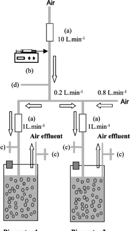 Figure 1. Pilot scale units. (a) : flow rate regulators; (b) : syringe pump loaded with the mixture  of 11 VOCs; (c) : gas sampling; (d): gas split
