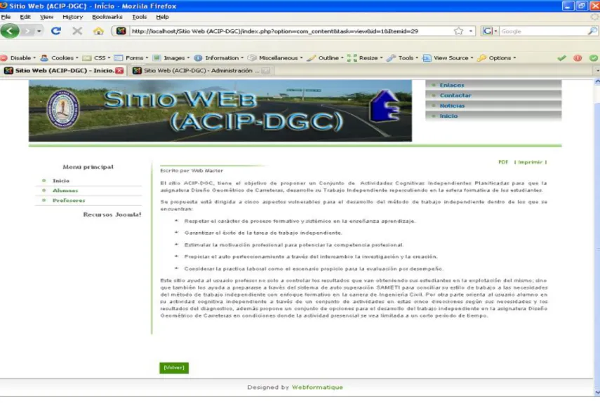 fig. 10 Presenta la página principal del Sito Web. 