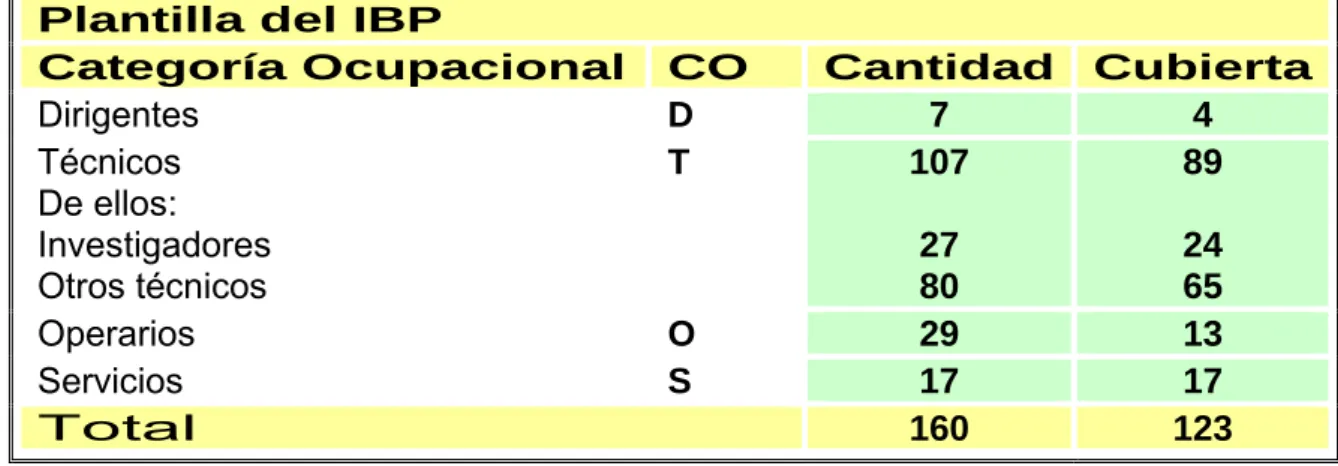 Tabla No.3.1  Plantilla aprobada para el IBP. 