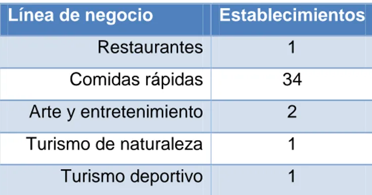 Tabla 1.1: Distribución de instalaciones por líneas de negocio en la empresa  Palmares Villa Clara