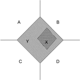 Fig. 1. Interposition of language y between language x and other languages.