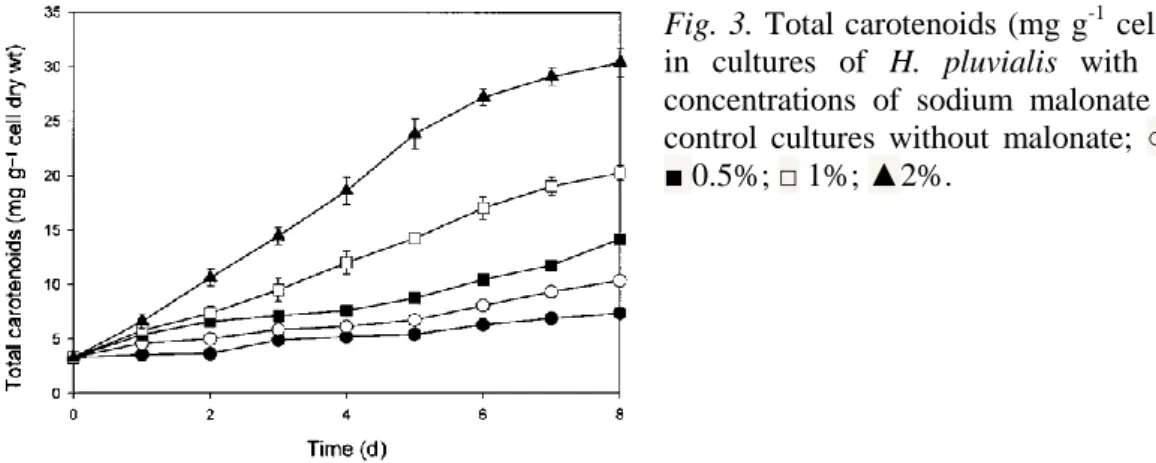 Fig. 3. Total carotenoids (mg g -1  cell dry wt)  in  cultures  of  H.  pluvialis  with  different  concentrations  of  sodium  malonate  (w/v)  ●  control  cultures  without  malonate;  ○  0.25%; 
