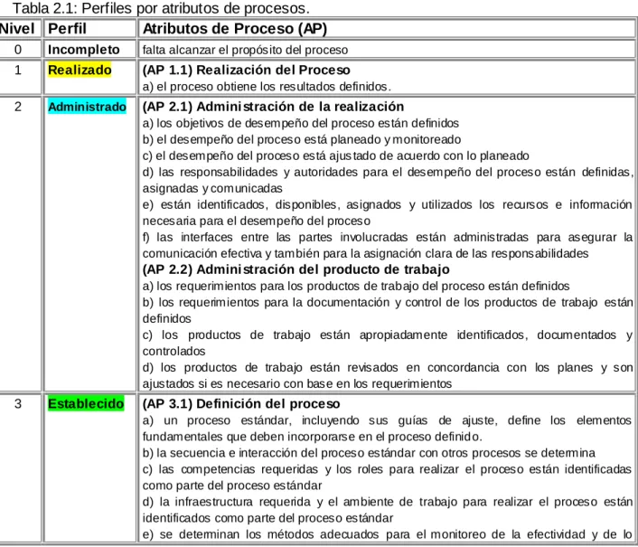 Tabla 2.1: Perfiles por atributos de procesos.  