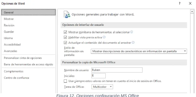 Figura 12. Opciones configuración MS Office