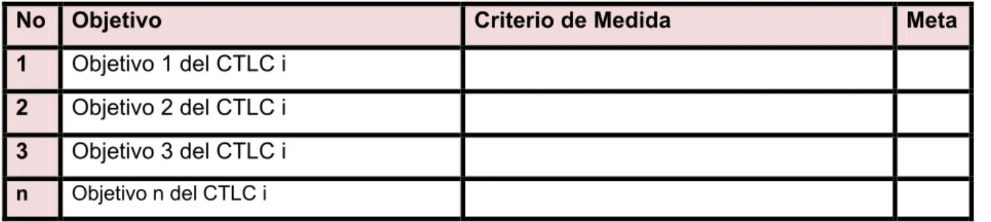 Tabla 2.6: Formato para objetivos de la DTVC. 