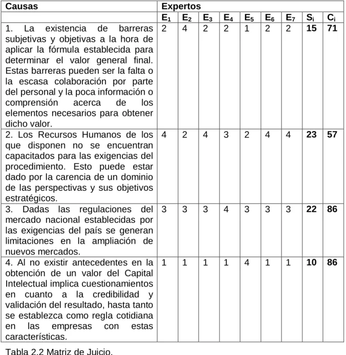Tabla 2.2 Matriz de Juicio.