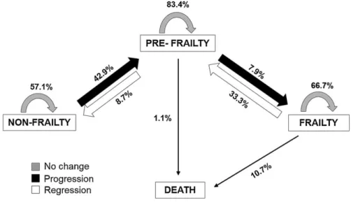 Fig.  2  shows  changes  in  frailty  status  from  baseline  to  1-year  follow-up.  During  the  study  period,  a  total  of  408  (76.0%)  participants  retained  their  baseline  frailty  state,  and  129  (24.0%)  made  transitions  between  states  