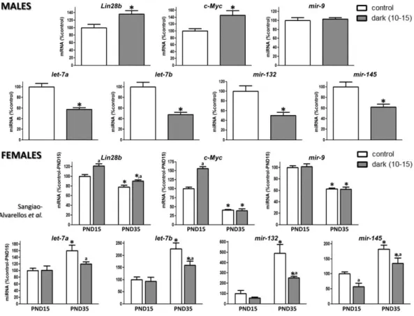 Figure 5. Expression profiles of the components of the Lin28/let-7 axis and related factors in the hypothalamus of male and  female rats following photoperiod manipulation (CD, constant darkness from postnatal day [PND]10–15)