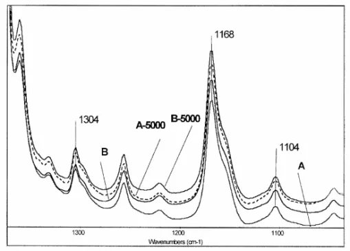 Figure 4   FTIR spectra of samples C and D exposed to natural aging in the spectral  range 750-1050 cm -1 