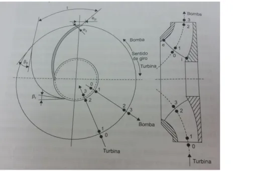 Figura 1.1.1: Rotor de una bomba centrifuga con sus ángulos constructivos β y sentido del flujo como  bomba y como turbina