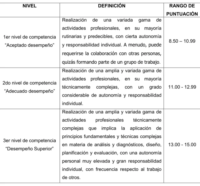 Tabla 1: Clasificación de los niveles de competencias.
