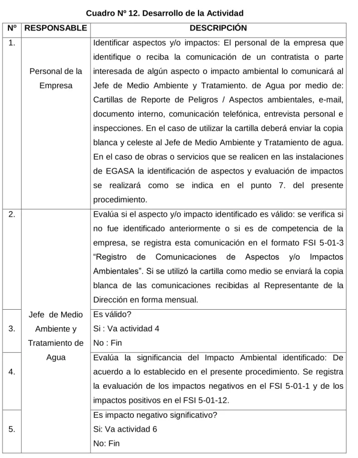 Cuadro Nº 12. Desarrollo de la Actividad 