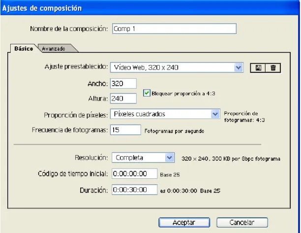 Fig. 2.4. El cuadro de diálogo Ajustes de Composición.