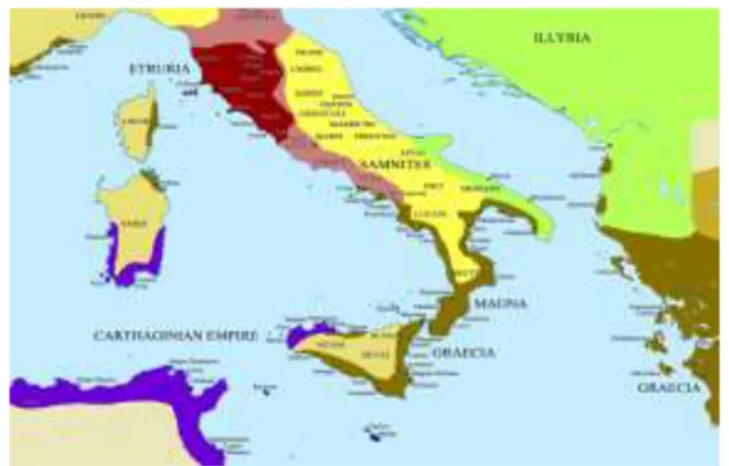 Fig. 1. Los territorios etruscos, latinos y griegos (siglo  VIII  a. C.). 