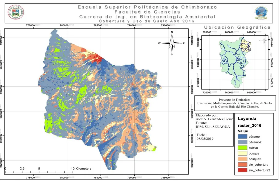Figura 2-3: Mapa de cobertura y uso de suelo de la cuenca baja del río Chambo, año 2016