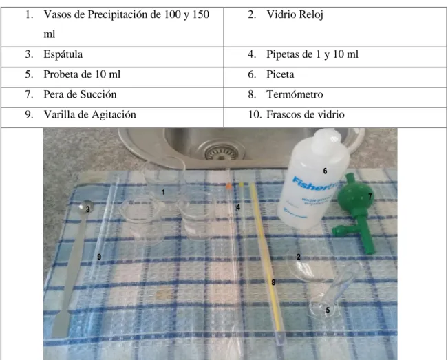 Tabla  2-3: Materiales.  1.  Vasos de Precipitación de 100 y 150  ml  2.  Vidrio Reloj  3