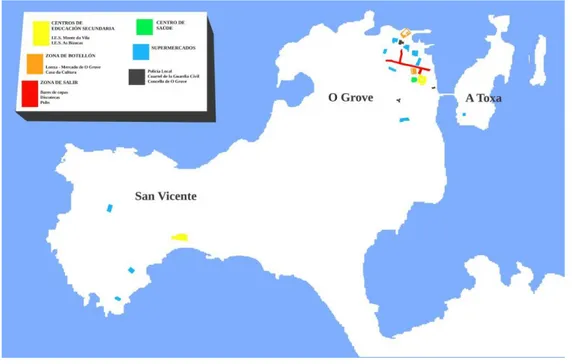 Figura 2. Mapa de O Grove con la señalización de las distintas zonas de interés para el  estudio