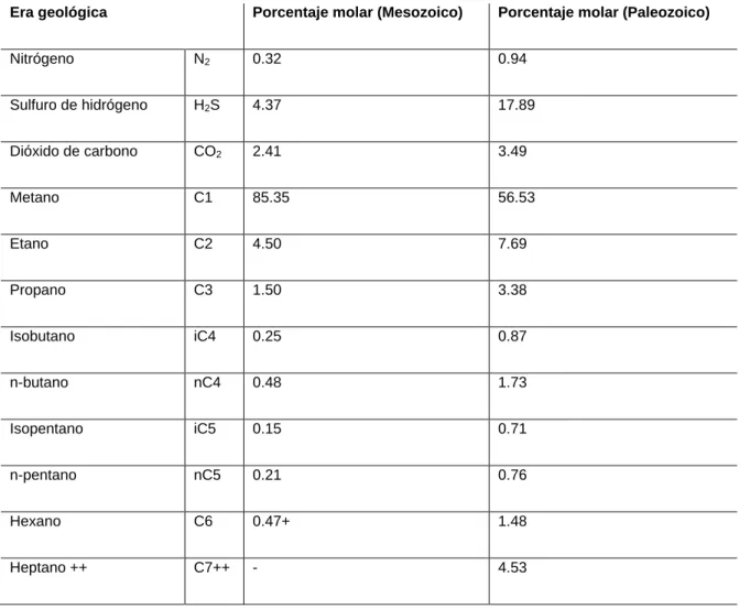 Tabla 1.5.2.1: Diversos tipos de gas natural bruto 
