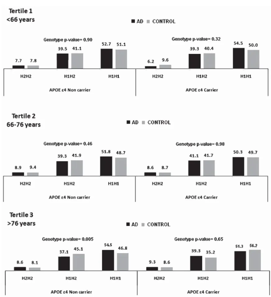 Fig. 1. Genotype frequency distribution of the rs1800547 SNP tagging MAPT H1/H2 haplotype stratified by APOE ␧4 status and Age tertile.