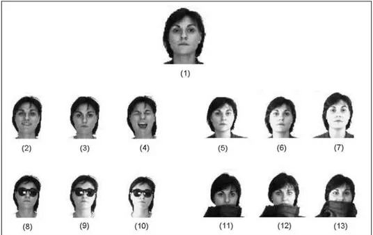 Figure 6. One sample from each of the image types in AR Face Database. The image types  are the following: (1) Neutral expression, (2) Smile, (3) Anger, (4) Scream, (5) left light on, (6)  right light on, (7) all side lights on, (8) wearing sun glasses, (9