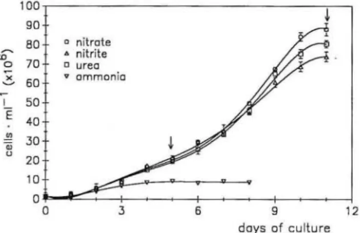 Figure 1.  Growth  curves  of Phaeodactylum  tricornutum cul- cul-tured  with  different  nitrogen  sources