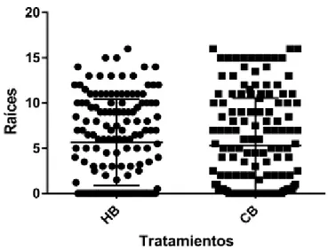 Gráfico N° 1: Número de raíces por tratamiento Raíces Media Desviación 