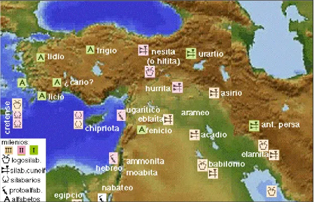 Figura 1: Rexións de nacemento das primeiras linguas e alfabetos da antigüidade. Fonte:&lt; http://www.unizar.es&gt; 