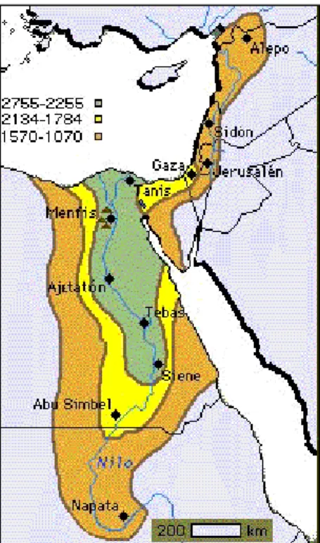 Figura 3: Rexións da expansión exipcia e da súa lingua. Fonte: &lt;http://www.unizar.es&gt; 