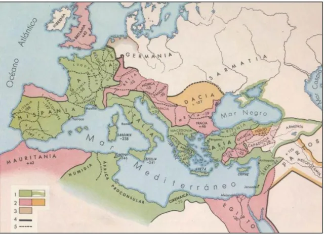 Figura 6: Mapa das rexións de influencia do imperio romano e do latín no  século II d