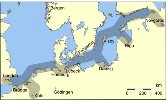 Figura 9: Principais rexións comerciais da Liga Hanseática.Fonte: obtido da web 