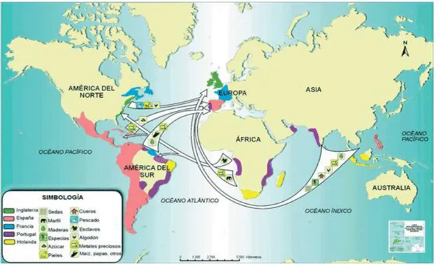 Figura 11: Principais redes de comercio colonial e de expansión das linguas europeas na Idade Moderna