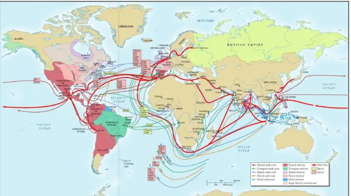 Figura 12: Principais rutas comerciais e de expansión das linguas europeas na época do mercantilismo