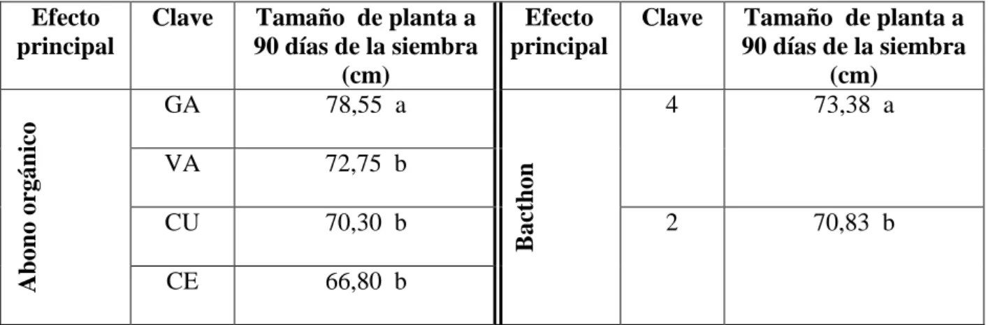 Cuadro 8: Efecto principal de incorporaciones de abono orgánico y Bacthon® en el tamaño  de  plantas  de  haba  cv