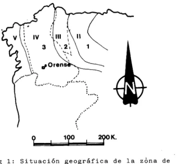 Fig 1: Situación geográfica de la zona de e;t~dio (en recuadro) en relación con las las zonas paleogergráficas (n-v) y dominios tectónicos ( 1 - 3) de Matte, Ph (1968).