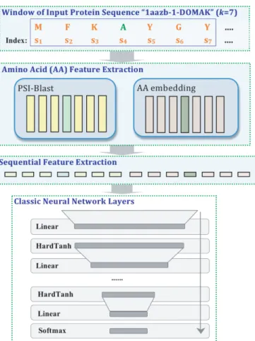 Figure 2. Deep neural network architecture from Yanjun Qi et al. [45]. The input to the first layer is  the protein sequence represented by the single-letter amino acid code, for example the letter “A” (in  green) represents “Alanine”