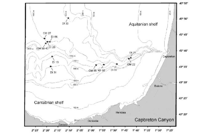 Fig. 1. Capbreton Canyon (Bay of Biscay) showing sampling stations where species of Ampharetidae were found