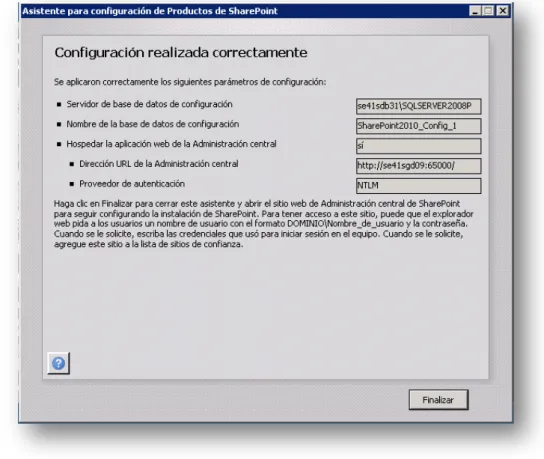 Figura 27. Pantalla de finalización del asistente de configuración de SharePoint. 