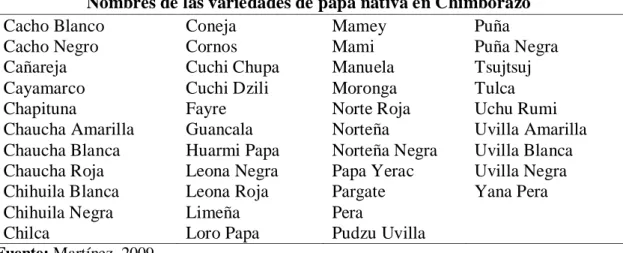 Tabla 2. Variedades de papa nativa recolectadas en Chimborazo en el 2009. 