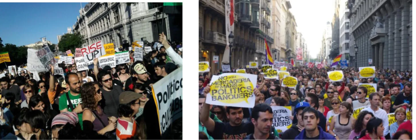 Figura 3:  Manifestación 15M en Madrid                          Figura 4:  Manifestación 15M en Barcelona   (Fuente: Malestar.org)                                                          (Fuente: Malestar.org)