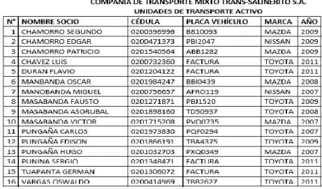 Tabla 1: Socios Activos de TRANSALINERITO S.A. 
