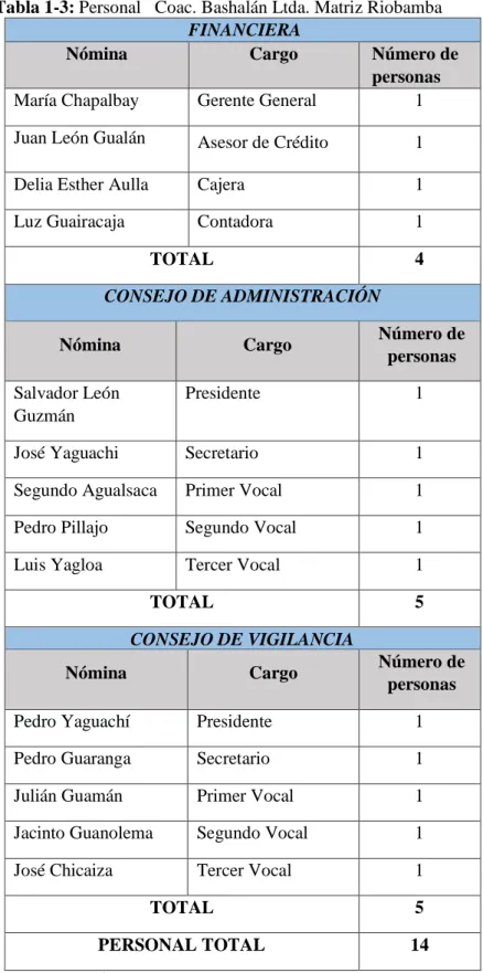 Tabla 1-3: Personal   Coac. Bashalán Ltda. Matriz Riobamba  FINANCIERA 