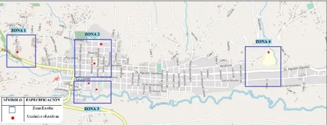 Ilustración 1-3: Zonificación zona urbana del cantón Guano, por zonas escolares  Fuente: (Openstreetmap, 2019) 