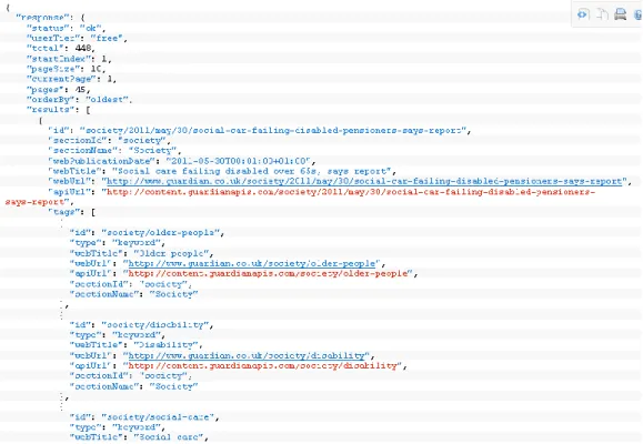 Figura 5 – Part de la resposta de l'API del The Guardian en format JSON 