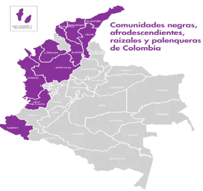 Figura 2:  Mapa de Colombia. Regiones afrodescendientes de Colombia  Fuente: CODHES (2013) 