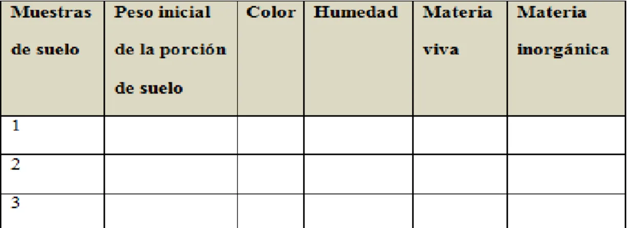 Tabla 6. Esquema de recolección de datos de las muestras. 