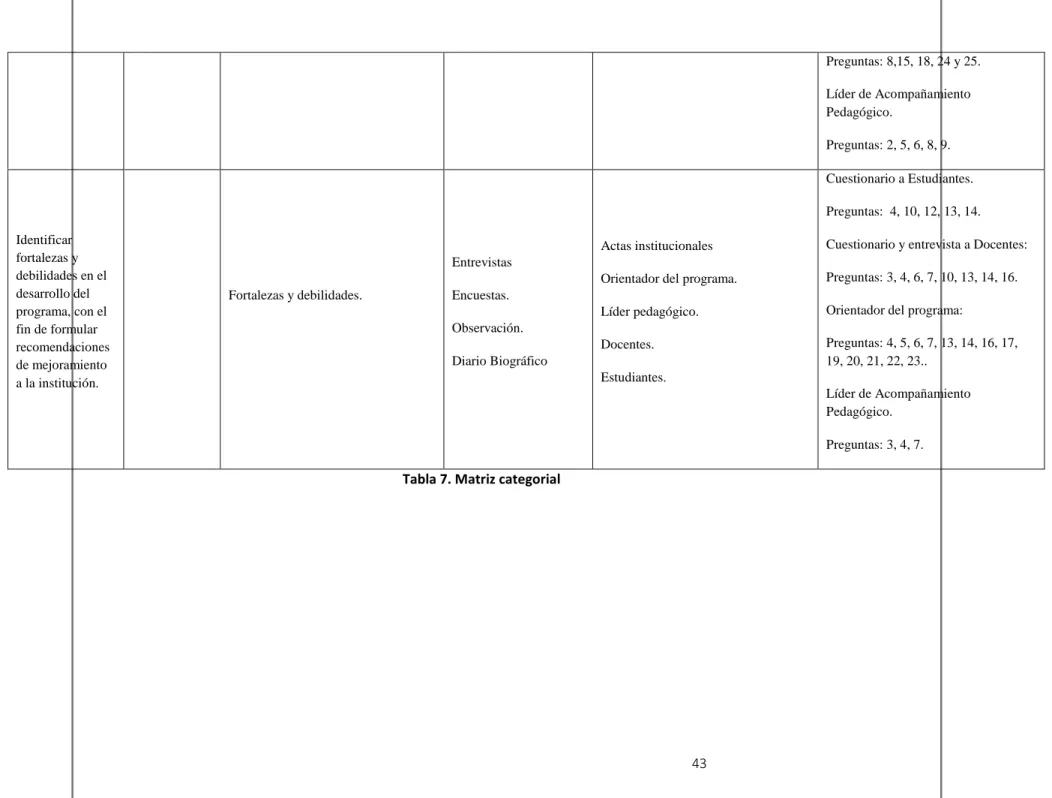 Tabla 7. Matriz categorial
