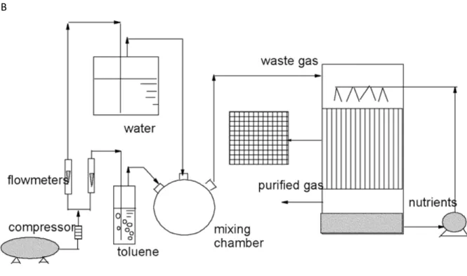 Figure 1. Monolith bioreactor. (A) Monolith packing. (B) Schematic of the monolith bioreactor