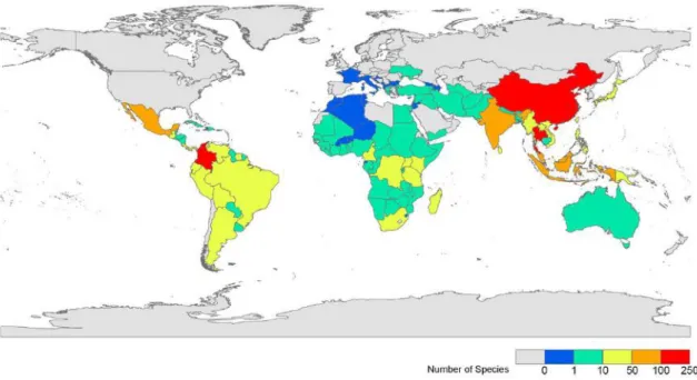 Figura 1. Diversidad global de los cangrejos de agua dulce en los 122 países donde pueden encontrarse