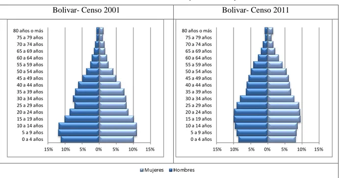 Gráfico 9. Pirámide de Población Censo 2001 y 2011, Municipio de Bolívar